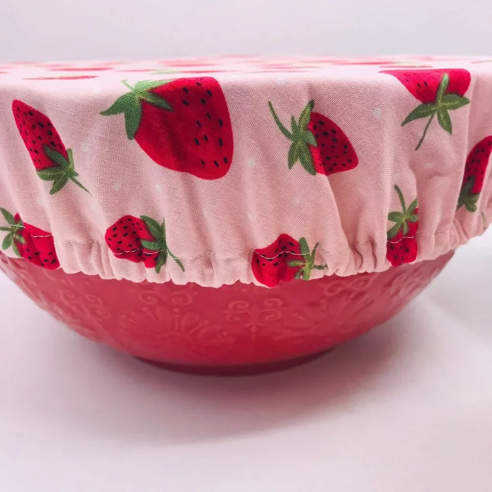 Cotton Bowl Cover For Sourdough, 3 Size Set, Reusable Washable Strawberries Pink
